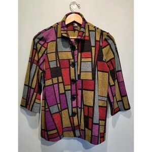 Ali Miles Dark Multicolor Geometric Artsy Knit Button Up Top Pockets Sz Mp